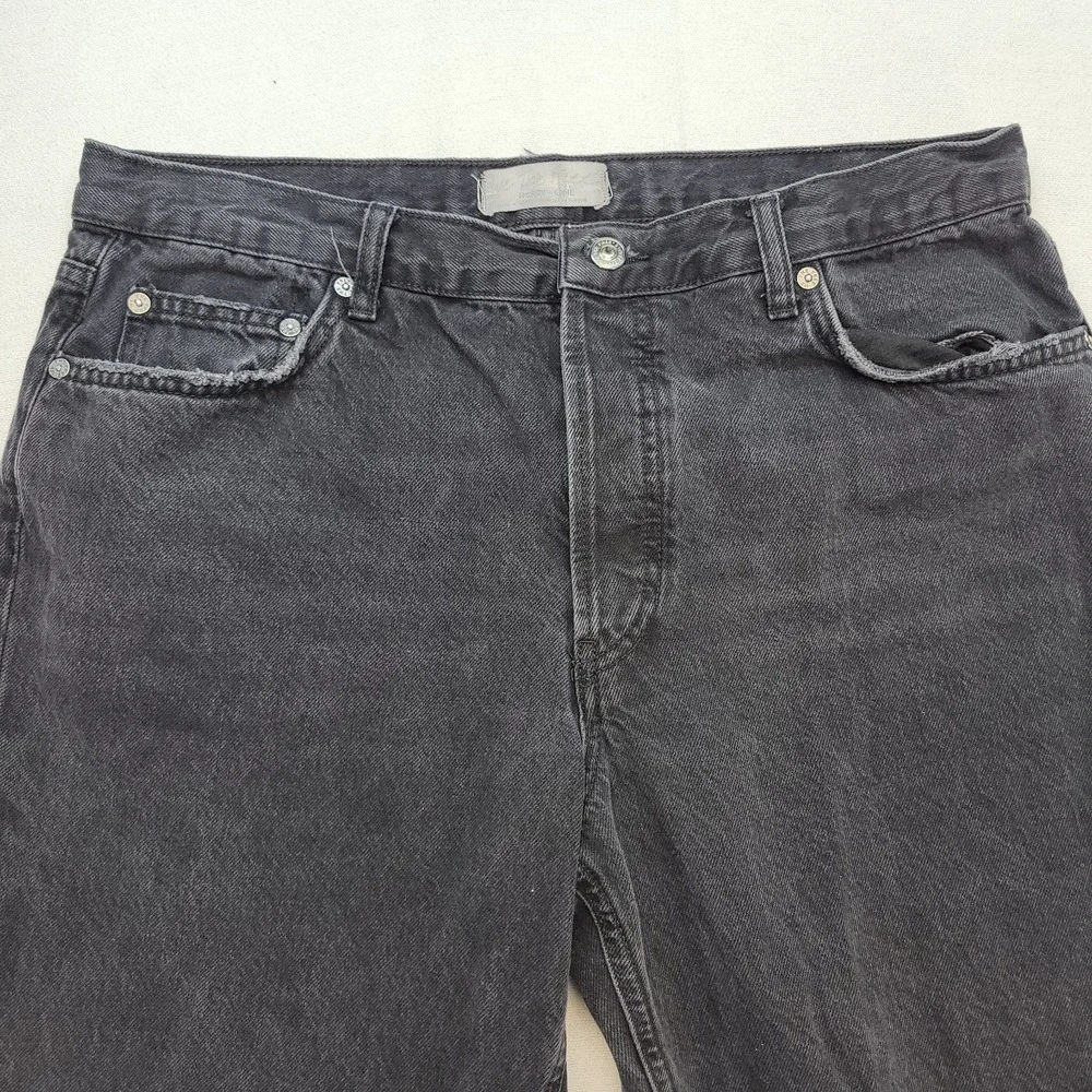 Free People Jeans Women 31 Black Straight Ankle Fray Button Fly Distressed Denim